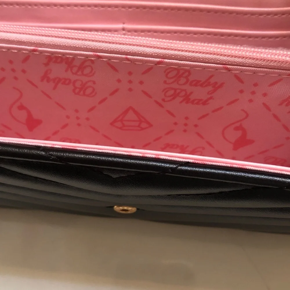 Baby Phat Black Faux Leather Quilted Chevron Flap Clutch Wallet Cat Logo NWT